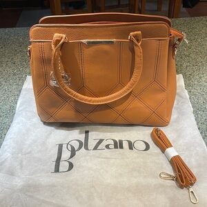 Bolzano Serena Vegan leather camel color handbag with removable crossbody strap